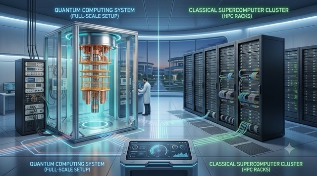 Comparative diagram of Quantum vs Supercomputer architecture